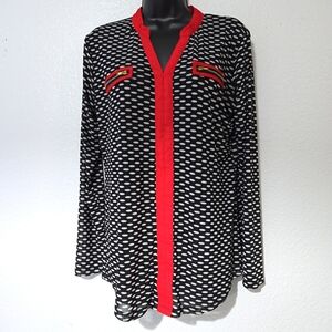 Cleo Black Red Trim Mesh Polka Dot V-Neck Long-sleeve Blouse Sz L Gold Zip Accen